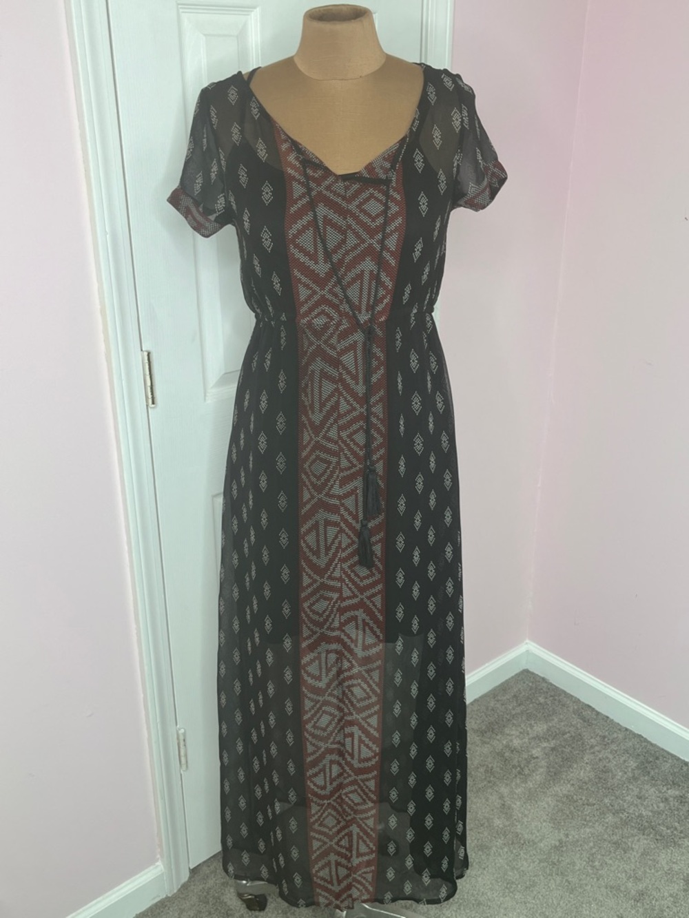 Southwestern Geometric Print Sheer Black Maroon White Maxi Dress